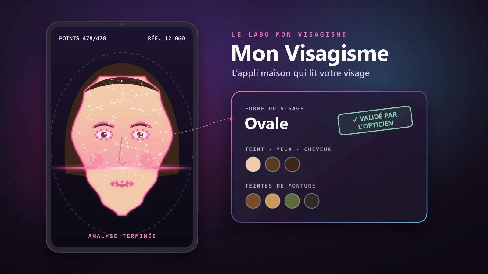 Le Labo Mon Visagisme : un visage dessiné scanné sur iPad, 478 points, et sa carte de résultat validée par l'opticien
